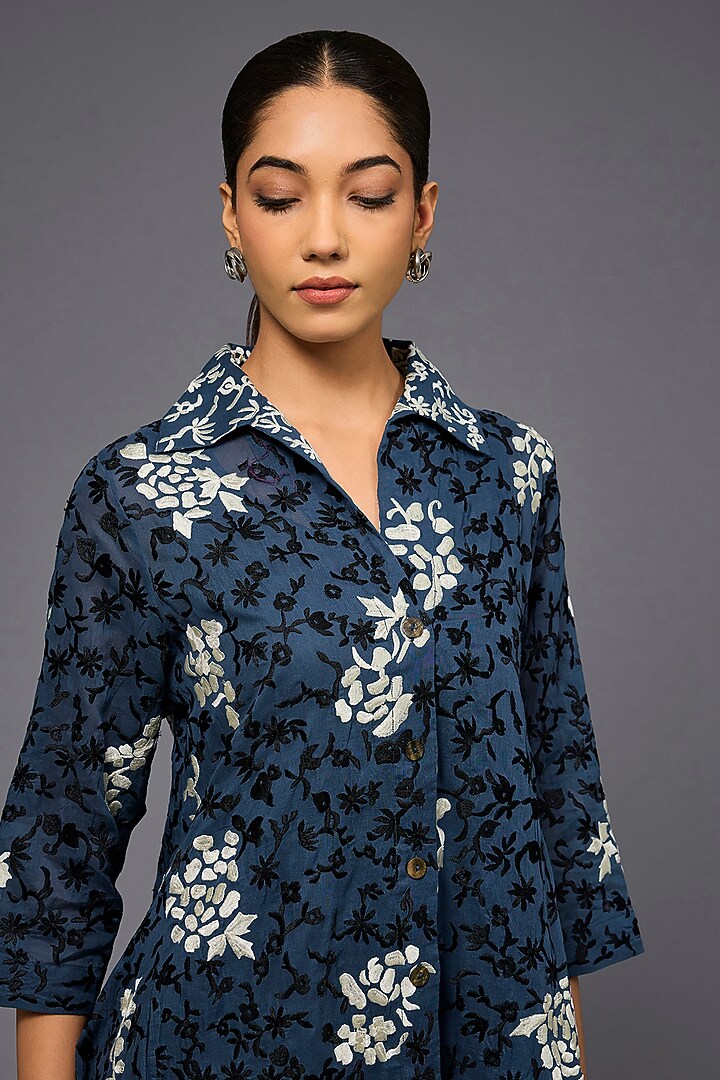 Space Blue & Ecru Handloom Cotton Thread Embroidered Jacket by Peachoo at Pernia's Pop Up Shop