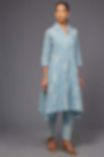 Ice Blue & Ecru Handloom Cotton Thread Embroidered Jacket by Peachoo at Pernia's Pop Up Shop
