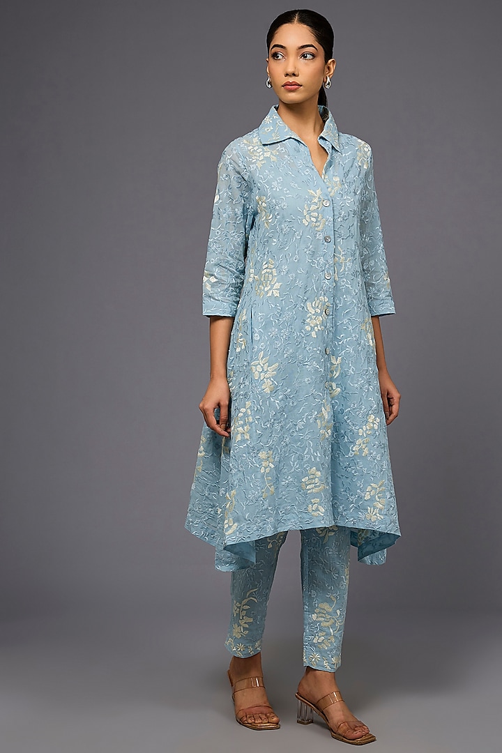Ice Blue & Ecru Handloom Cotton Thread Embroidered Jacket by Peachoo at Pernia's Pop Up Shop