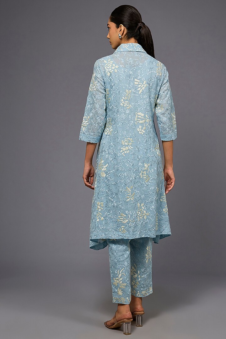 Ice Blue & Ecru Handloom Cotton Thread Embroidered Jacket by Peachoo at Pernia's Pop Up Shop