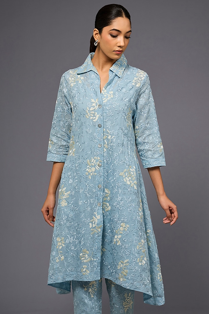 Ice Blue & Ecru Handloom Cotton Thread Embroidered Jacket by Peachoo at Pernia's Pop Up Shop