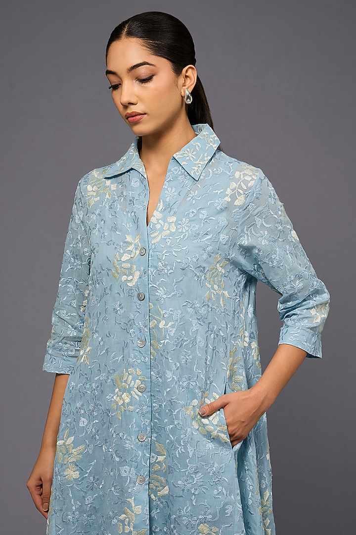 Ice Blue & Ecru Handloom Cotton Thread Embroidered Jacket by Peachoo at Pernia's Pop Up Shop