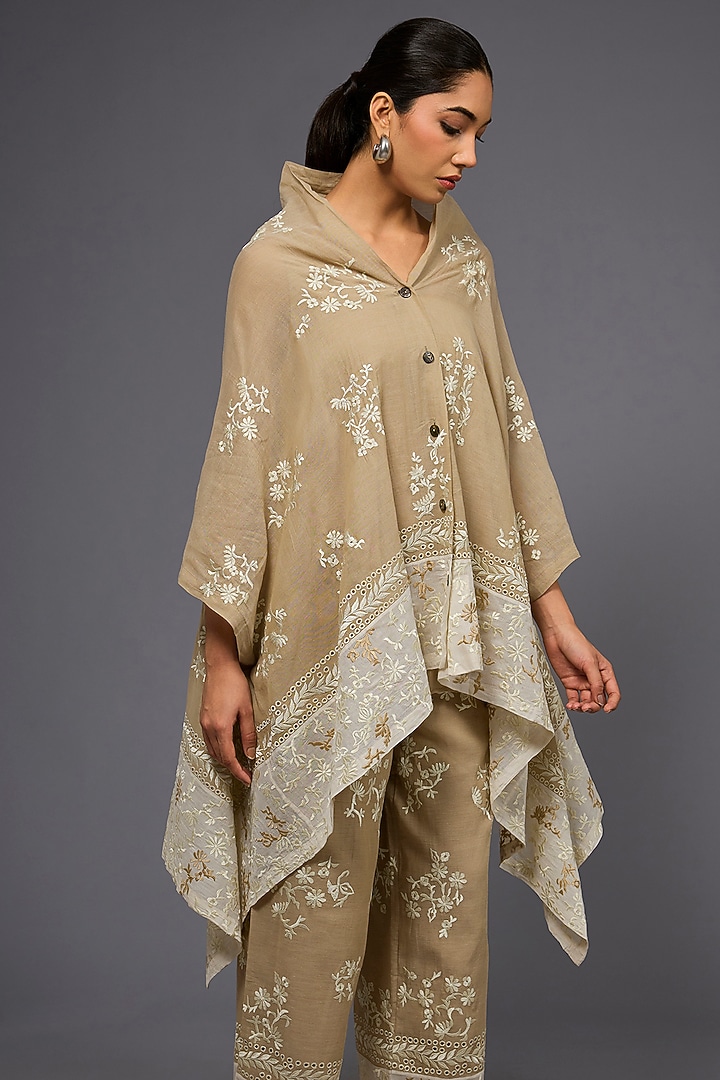 Natural Ecru Handloom Cotton Thread Embroidered Cape by Peachoo at Pernia's Pop Up Shop