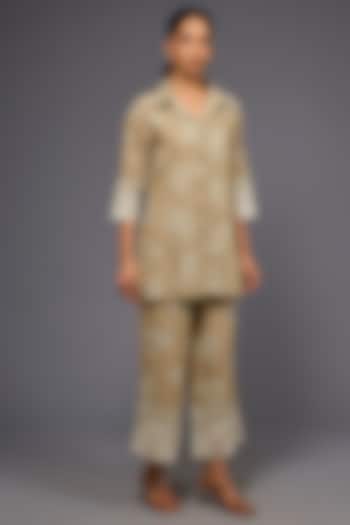 Natural Ecru Handloom Cotton Thread Embroidered Shirt by Peachoo at Pernia's Pop Up Shop
