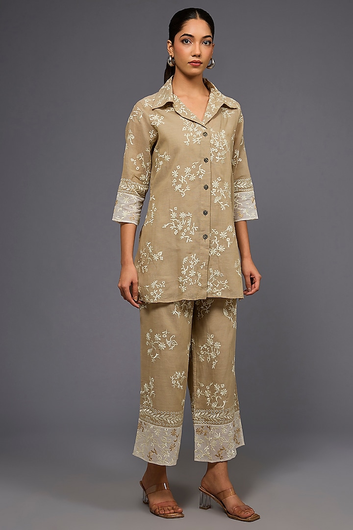 Natural Ecru Handloom Cotton Thread Embroidered Shirt by Peachoo at Pernia's Pop Up Shop