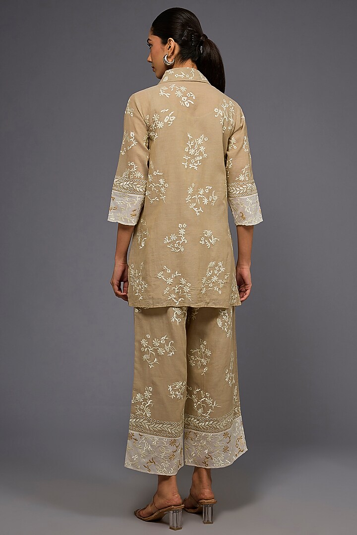 Natural Ecru Handloom Cotton Thread Embroidered Shirt by Peachoo at Pernia's Pop Up Shop