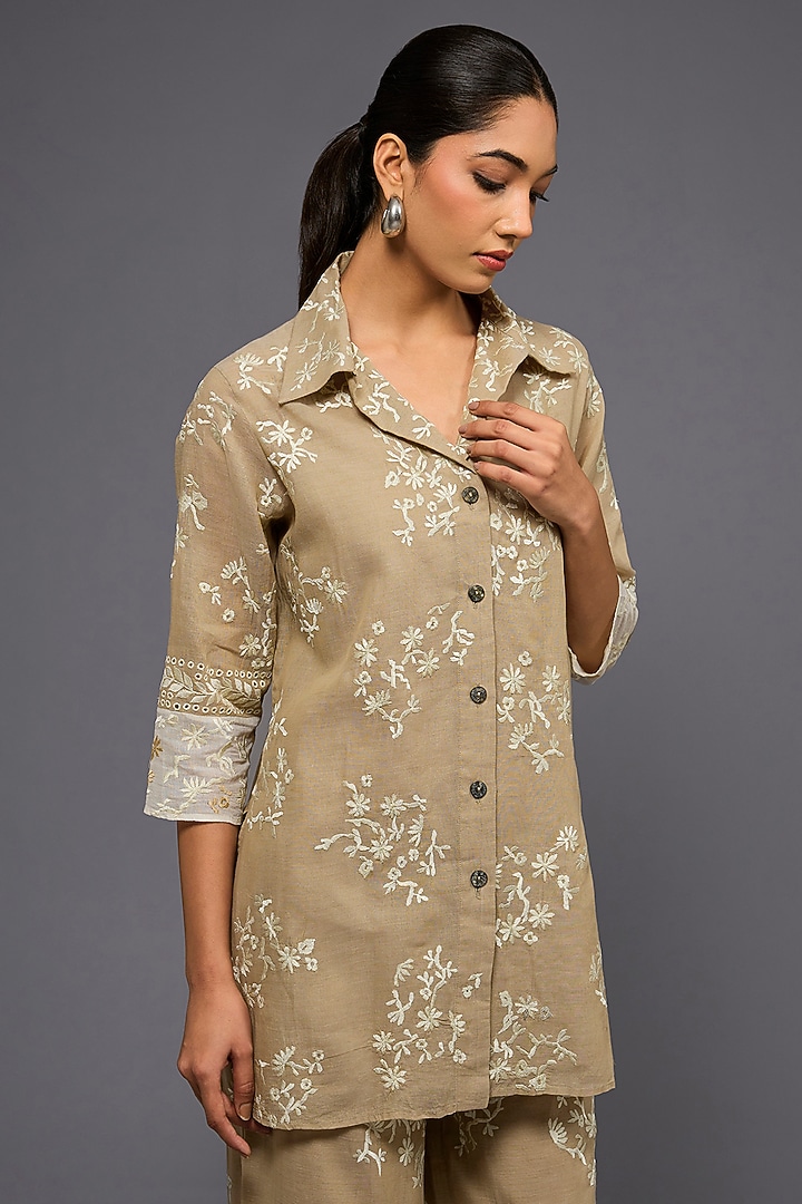Natural Ecru Handloom Cotton Thread Embroidered Shirt by Peachoo at Pernia's Pop Up Shop