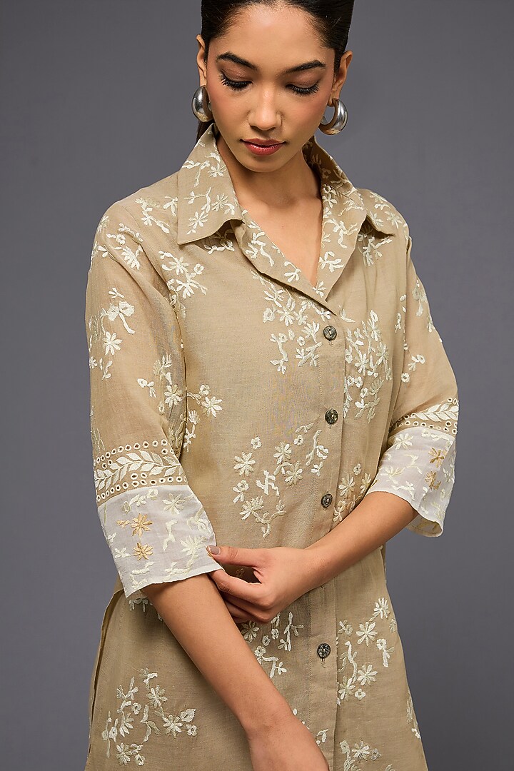 Natural Ecru Handloom Cotton Thread Embroidered Shirt by Peachoo at Pernia's Pop Up Shop