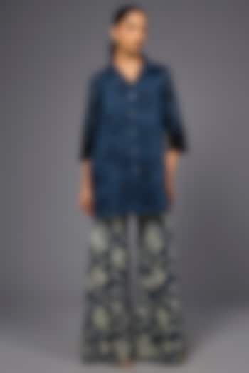 Space Blue & Black Handloom Cotton Thread Embroidered Shirt by Peachoo at Pernia's Pop Up Shop