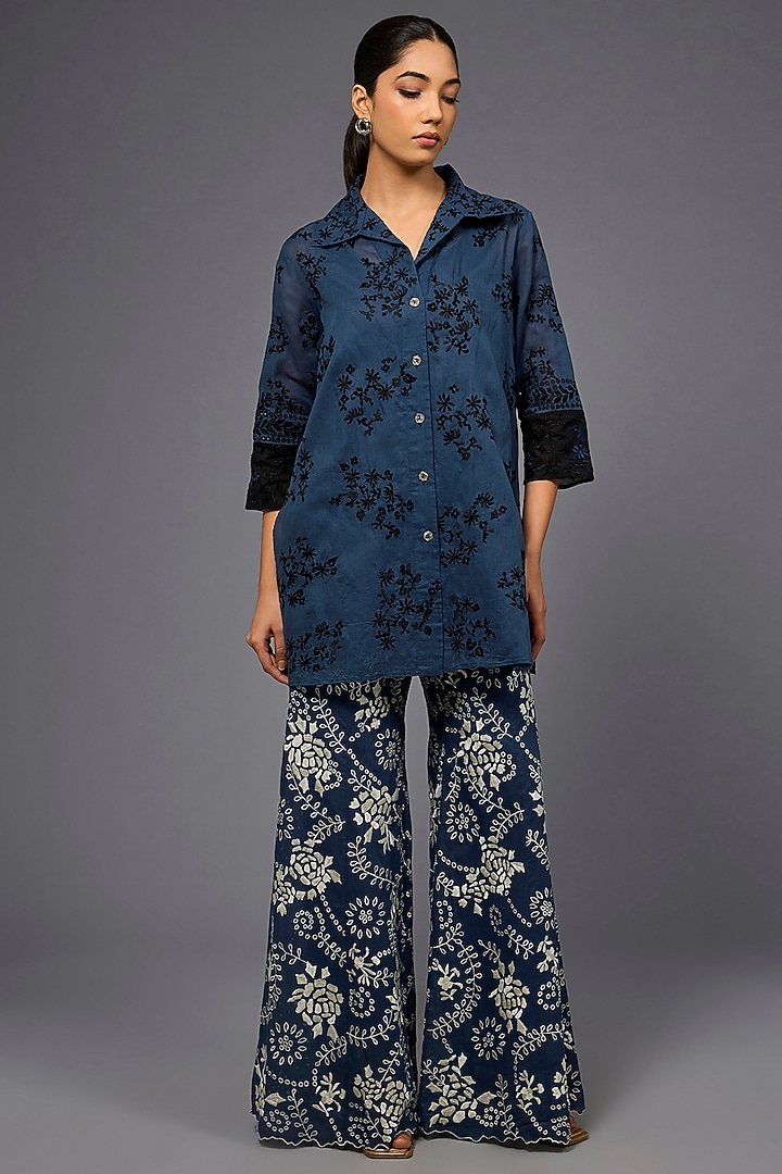 Space Blue & Black Handloom Cotton Thread Embroidered Shirt by Peachoo at Pernia's Pop Up Shop