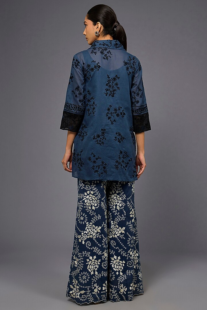 Space Blue & Black Handloom Cotton Thread Embroidered Shirt by Peachoo at Pernia's Pop Up Shop