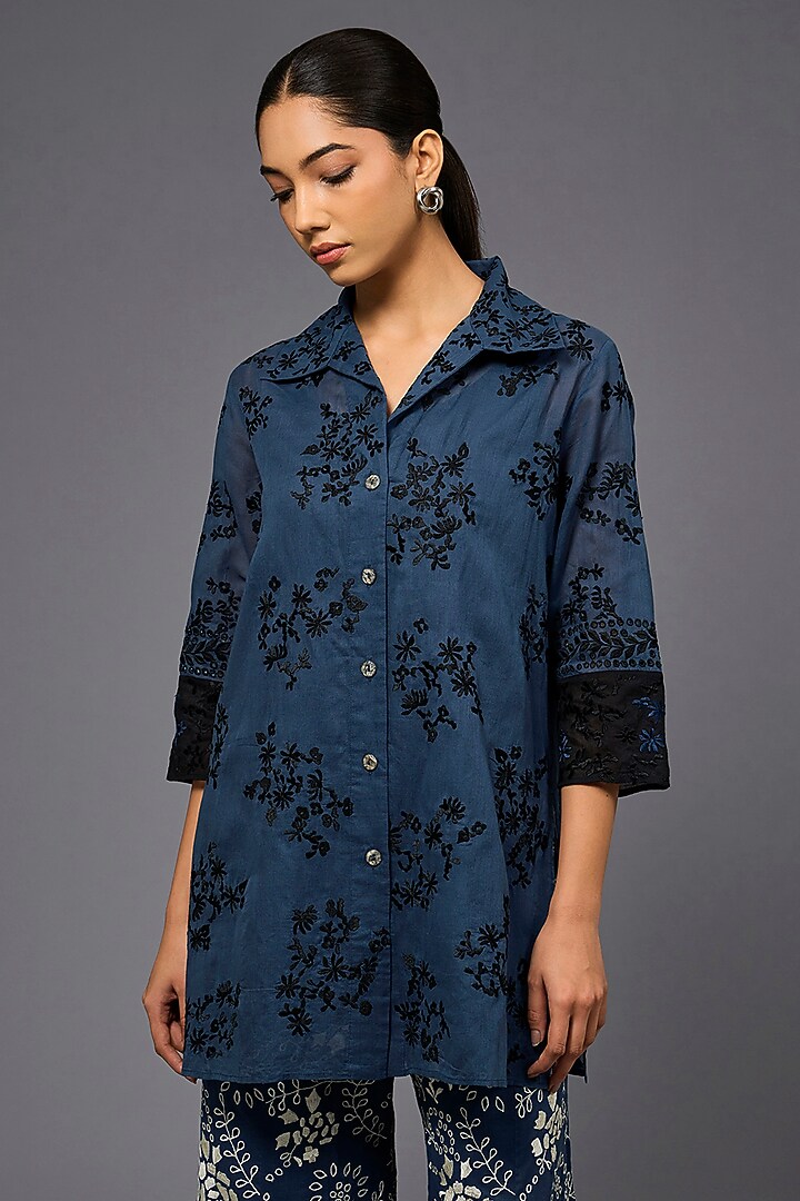 Space Blue & Black Handloom Cotton Thread Embroidered Shirt by Peachoo at Pernia's Pop Up Shop