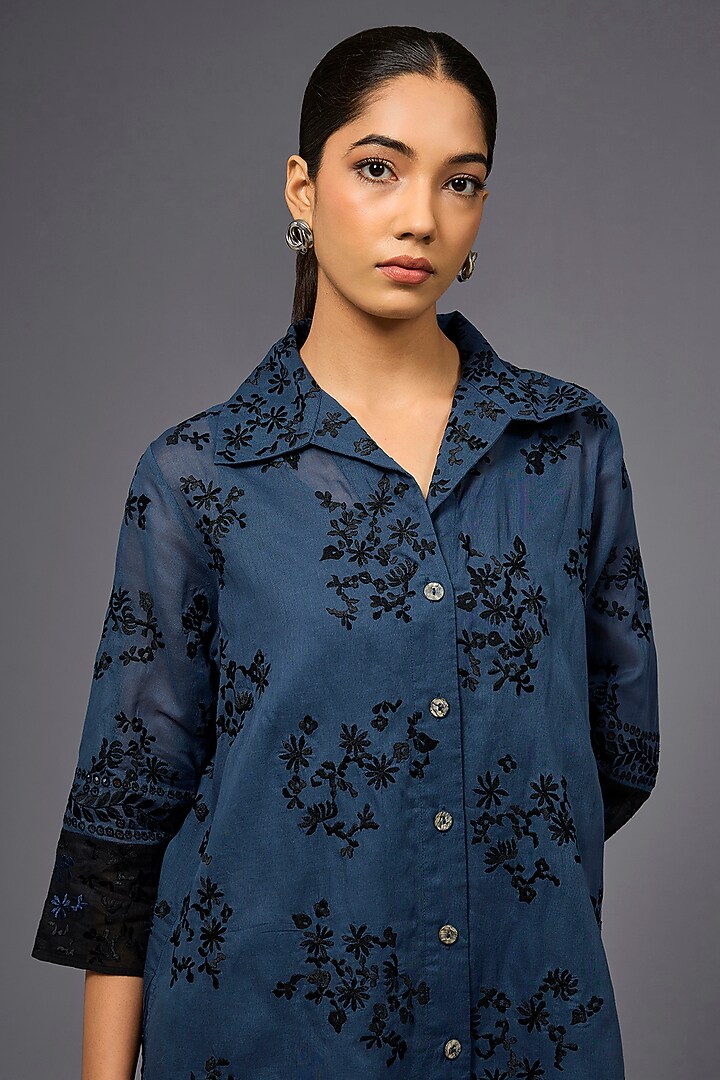 Space Blue & Black Handloom Cotton Thread Embroidered Shirt by Peachoo at Pernia's Pop Up Shop