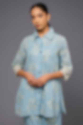 Ice Blue & Ecru Handloom Cotton Thread Embroidered Shirt by Peachoo at Pernia's Pop Up Shop