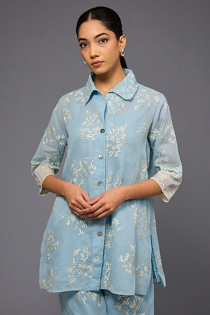 Ice Blue & Ecru Handloom Cotton Thread Embroidered Shirt by Peachoo at Pernia's Pop Up Shop