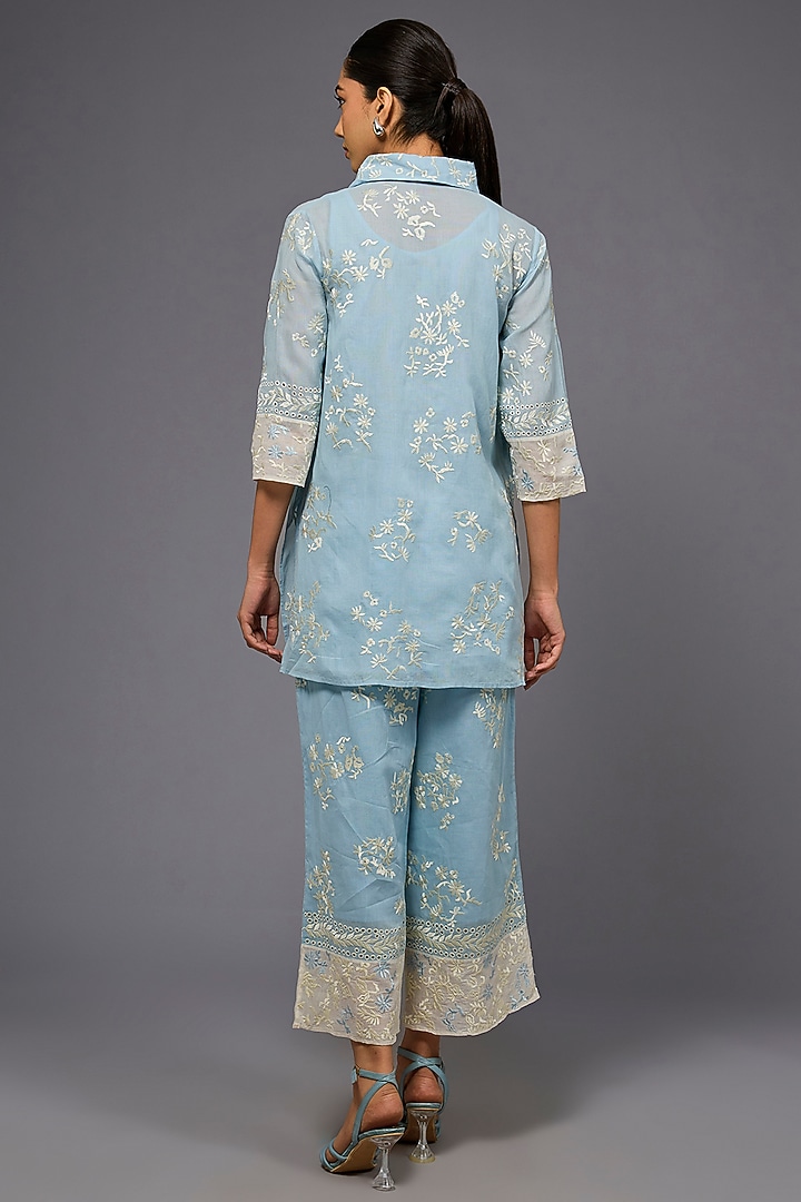Ice Blue & Ecru Handloom Cotton Thread Embroidered Shirt by Peachoo at Pernia's Pop Up Shop