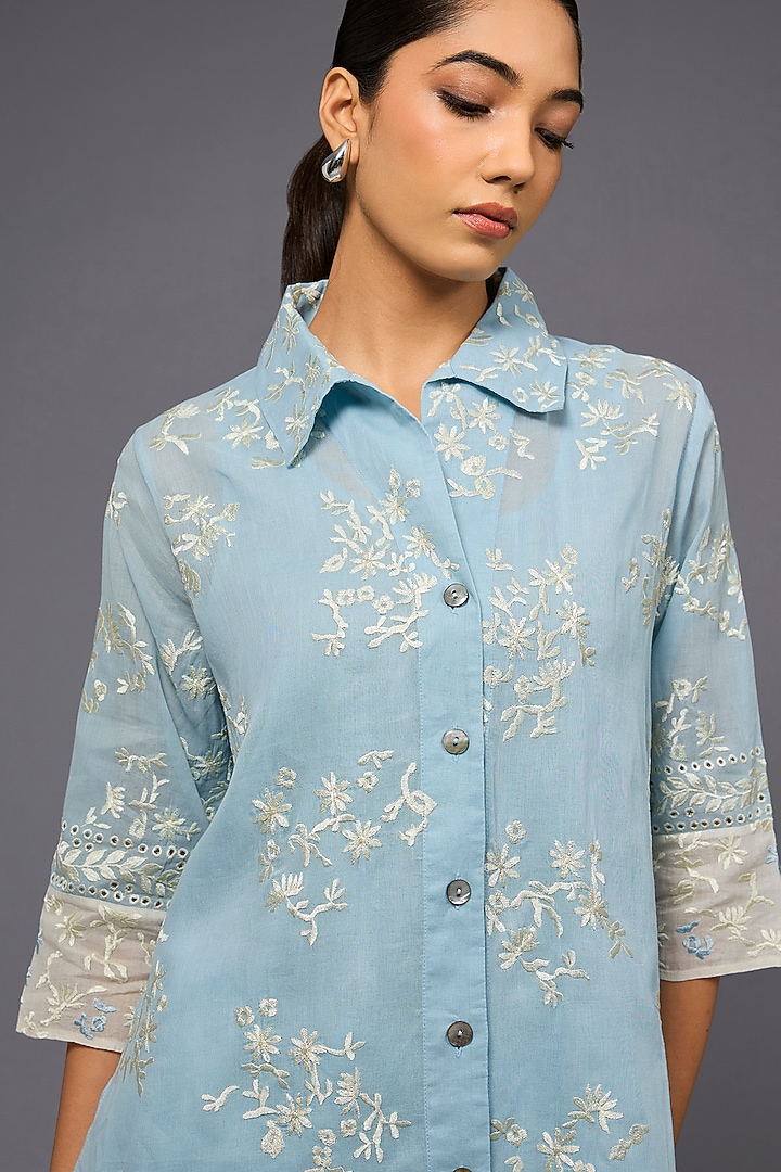 Ice Blue & Ecru Handloom Cotton Thread Embroidered Shirt by Peachoo at Pernia's Pop Up Shop
