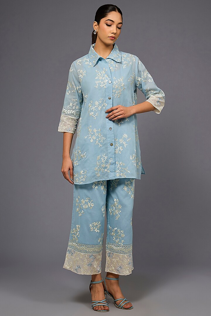 Ice Blue & Ecru Handloom Cotton Thread Embroidered Shirt by Peachoo at Pernia's Pop Up Shop