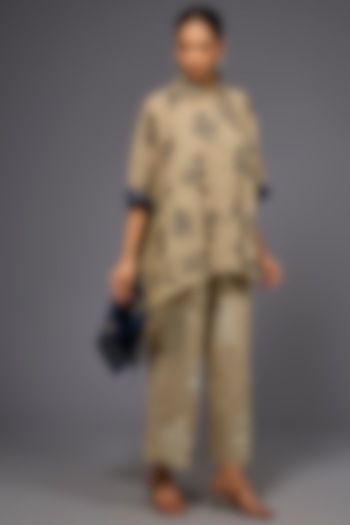 Natural & Black Handloom Cotton Thread Embroidered Shirt by Peachoo at Pernia's Pop Up Shop