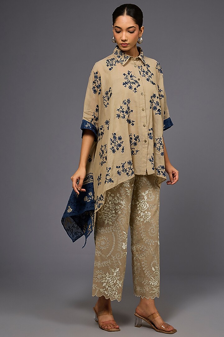 Natural & Black Handloom Cotton Thread Embroidered Shirt by Peachoo at Pernia's Pop Up Shop