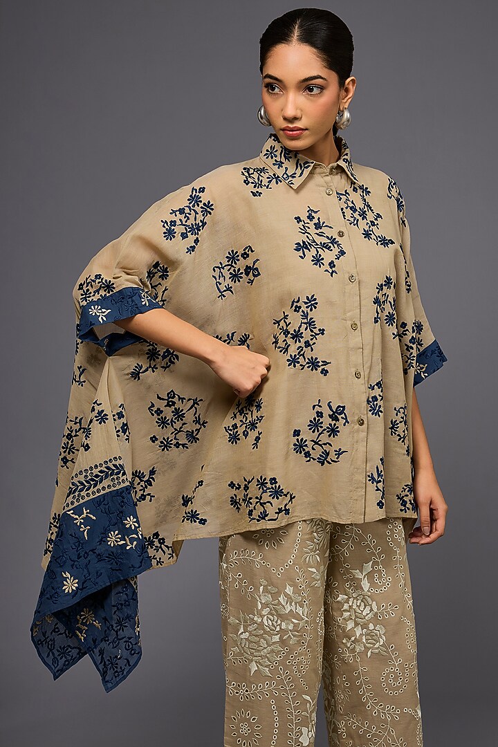 Natural & Black Handloom Cotton Thread Embroidered Shirt by Peachoo at Pernia's Pop Up Shop