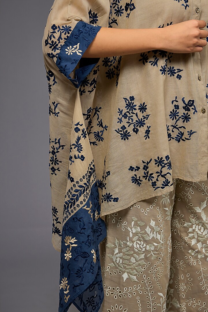 Natural & Black Handloom Cotton Thread Embroidered Shirt by Peachoo at Pernia's Pop Up Shop