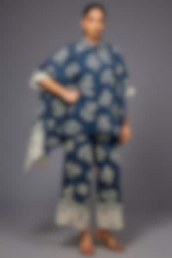 Space Blue & Ecru Handloom Cotton Thread Embroidered Shirt by Peachoo at Pernia's Pop Up Shop