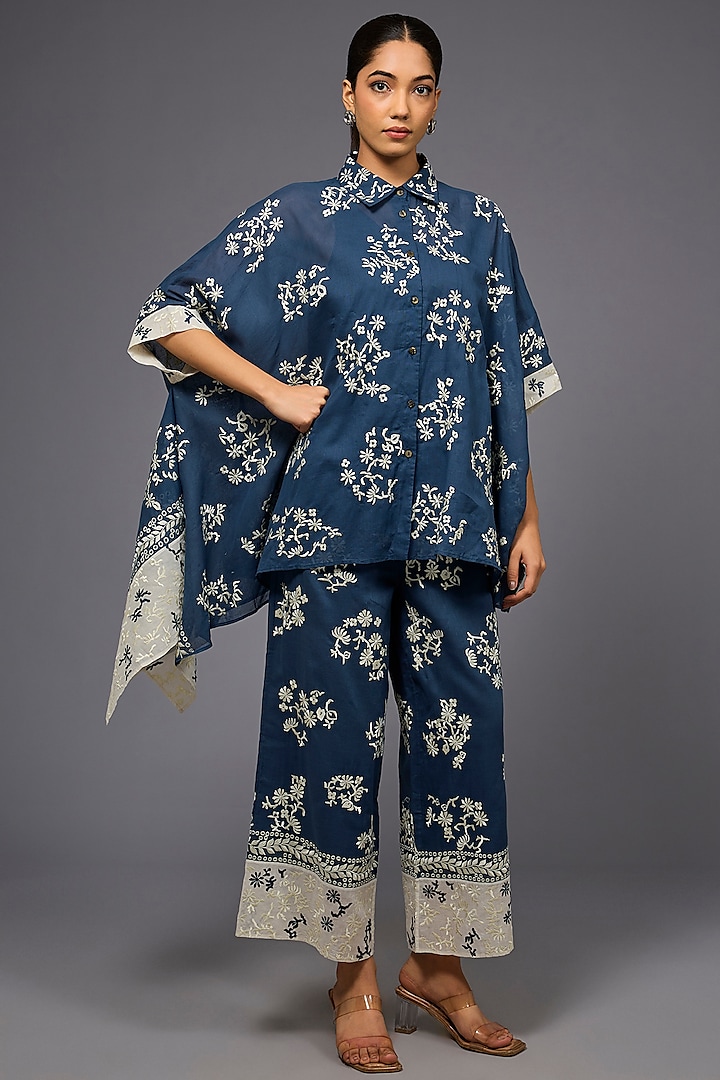 Space Blue & Ecru Handloom Cotton Thread Embroidered Shirt by Peachoo at Pernia's Pop Up Shop