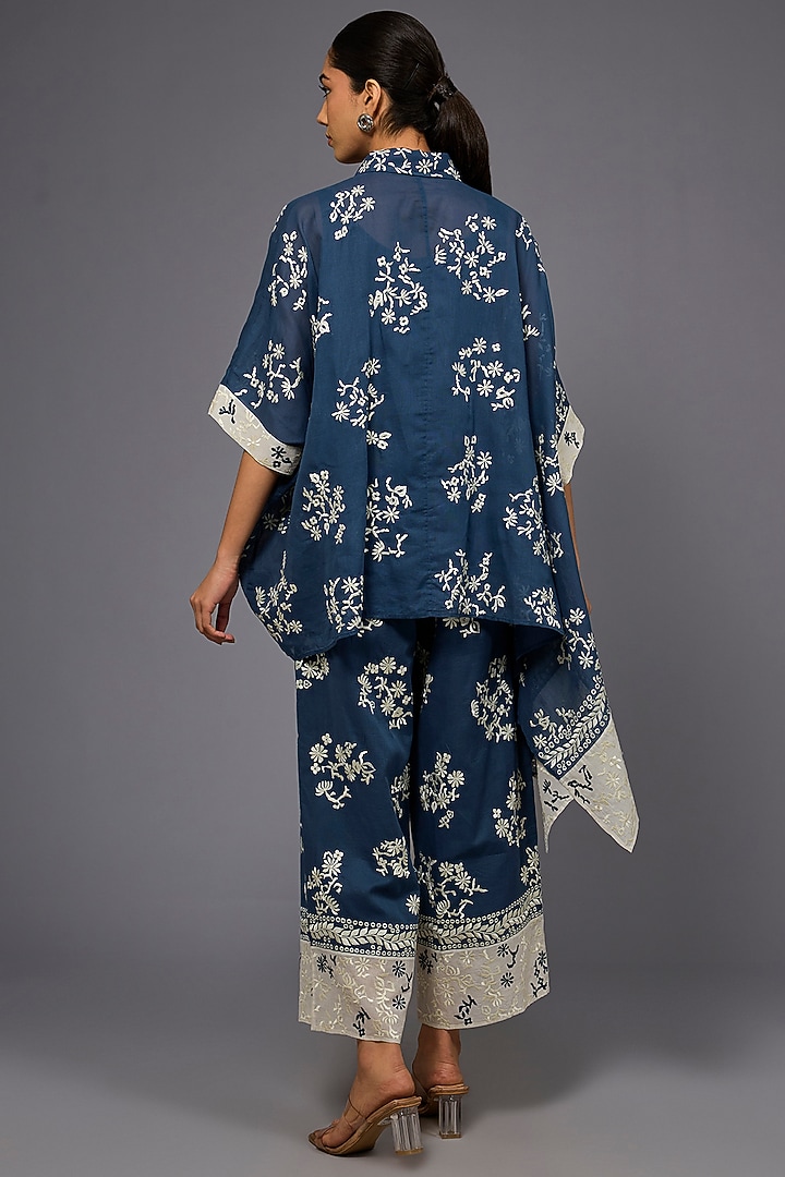 Space Blue & Ecru Handloom Cotton Thread Embroidered Shirt by Peachoo at Pernia's Pop Up Shop