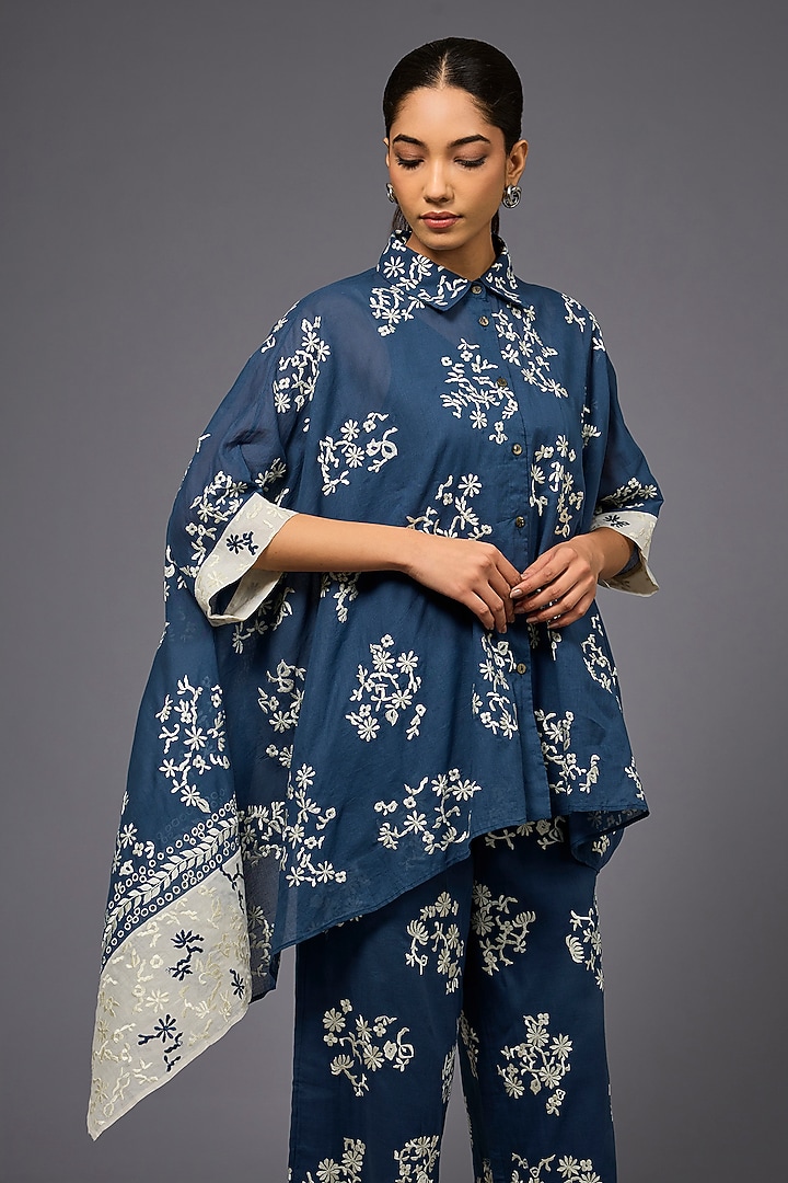 Space Blue & Ecru Handloom Cotton Thread Embroidered Shirt by Peachoo at Pernia's Pop Up Shop