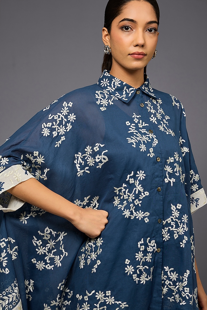 Space Blue & Ecru Handloom Cotton Thread Embroidered Shirt by Peachoo at Pernia's Pop Up Shop