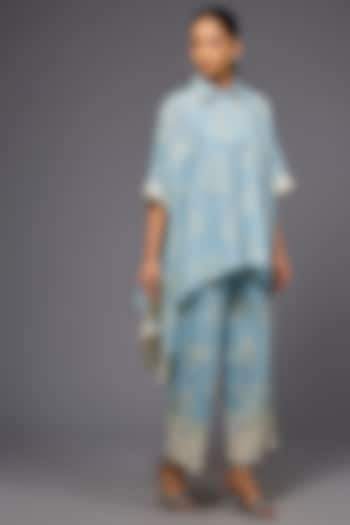 Ice Blue & Ecru Handloom Cotton Thread Embroidered Shirt by Peachoo at Pernia's Pop Up Shop