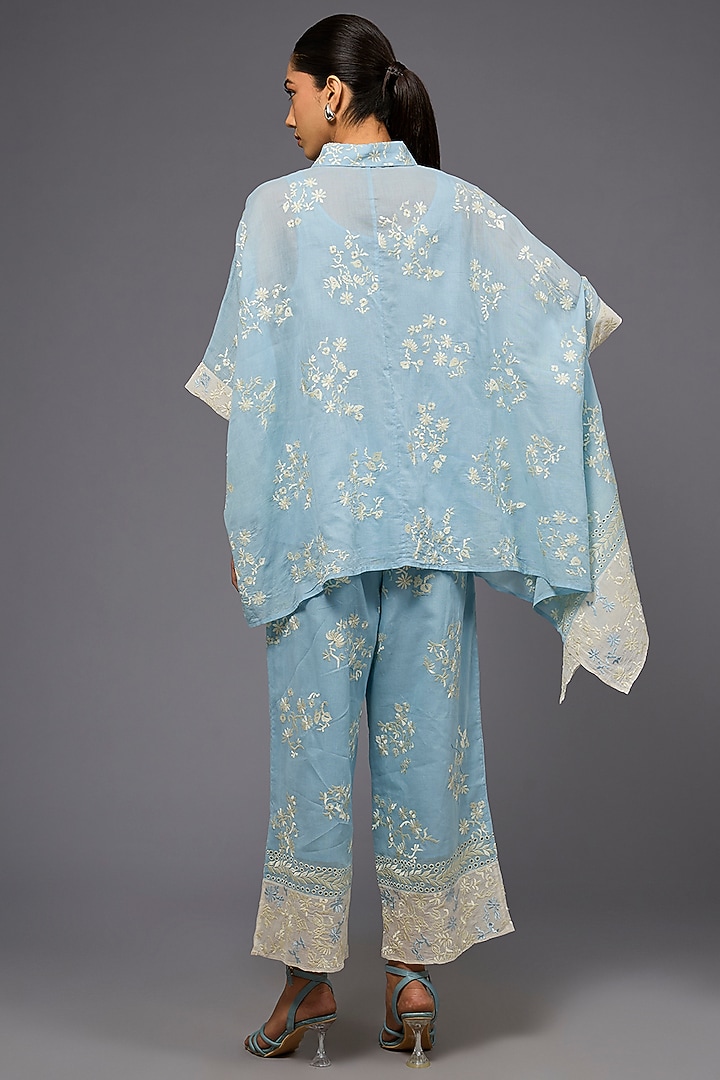 Ice Blue & Ecru Handloom Cotton Thread Embroidered Shirt by Peachoo at Pernia's Pop Up Shop