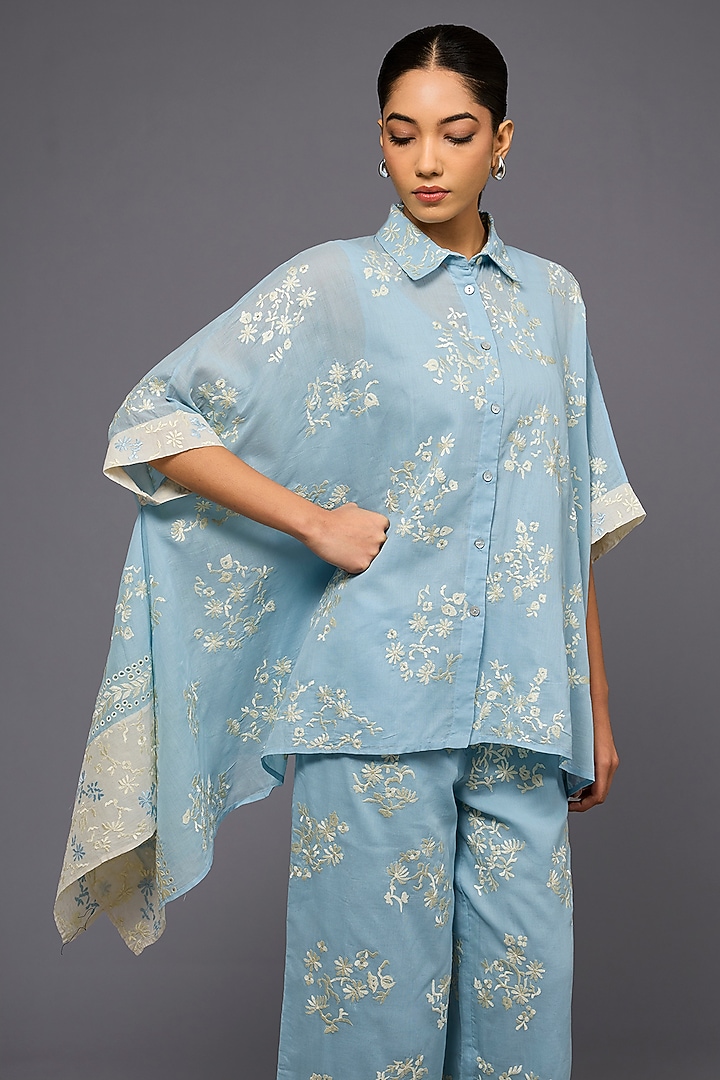 Ice Blue & Ecru Handloom Cotton Thread Embroidered Shirt by Peachoo at Pernia's Pop Up Shop