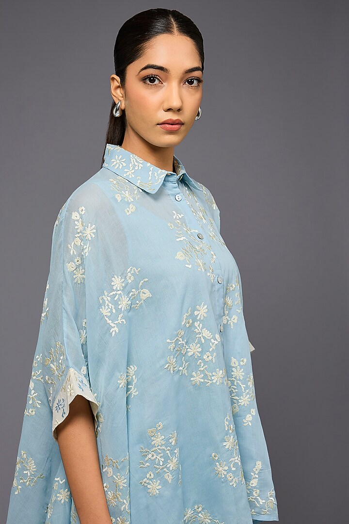 Ice Blue & Ecru Handloom Cotton Thread Embroidered Shirt by Peachoo at Pernia's Pop Up Shop