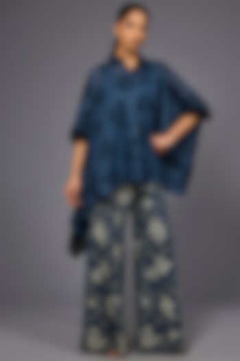 Space Blue & Black Handloom Cotton Thread Embroidered Shirt by Peachoo at Pernia's Pop Up Shop