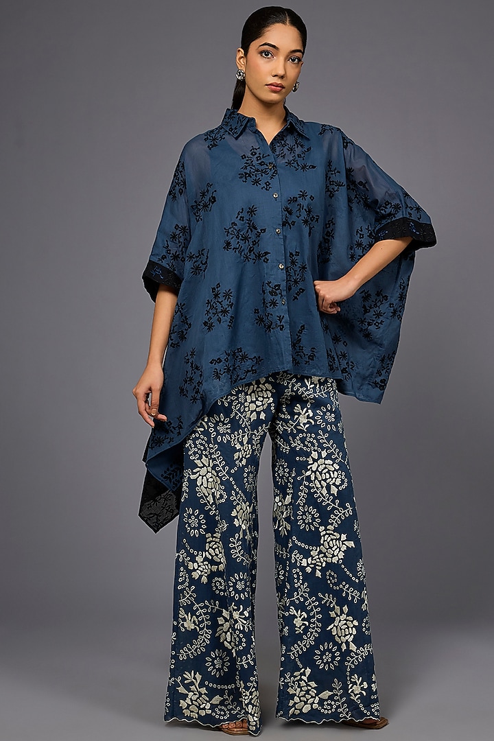 Space Blue & Black Handloom Cotton Thread Embroidered Shirt by Peachoo at Pernia's Pop Up Shop