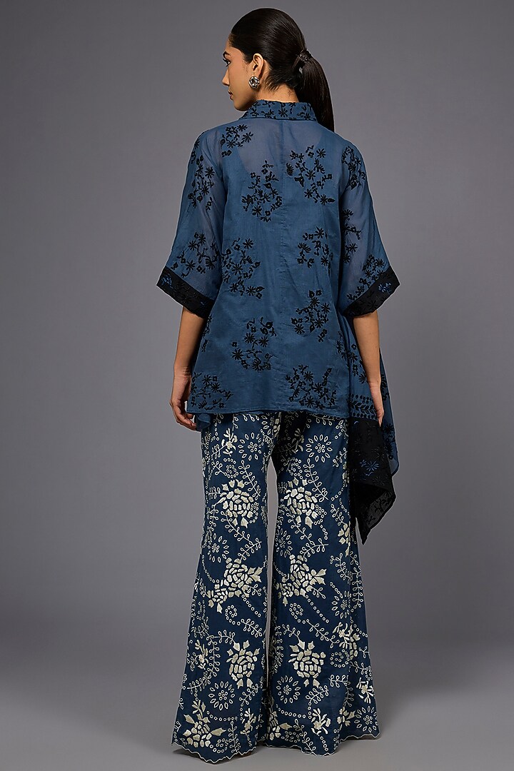 Space Blue & Black Handloom Cotton Thread Embroidered Shirt by Peachoo at Pernia's Pop Up Shop