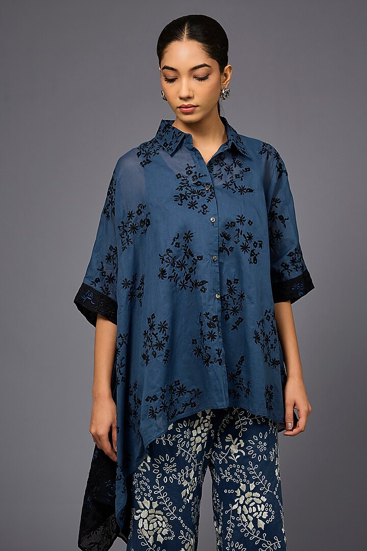 Space Blue & Black Handloom Cotton Thread Embroidered Shirt by Peachoo at Pernia's Pop Up Shop