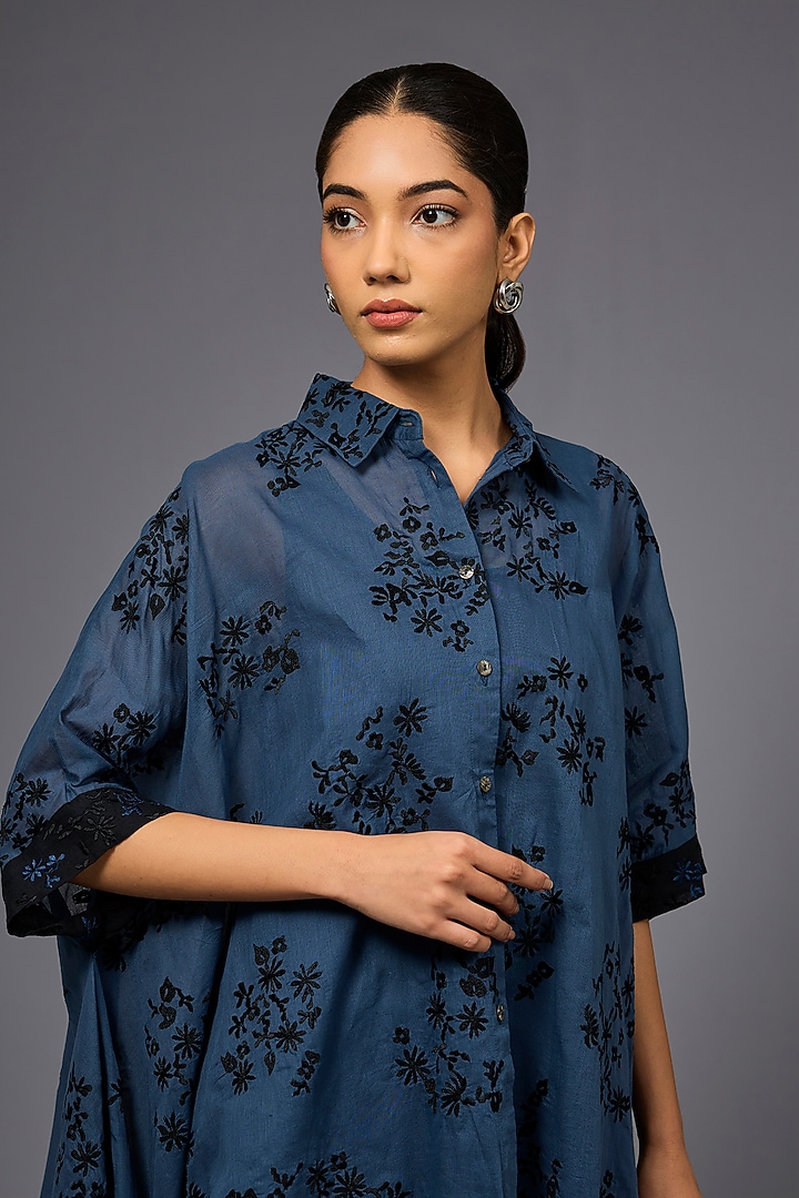 Space Blue & Black Handloom Cotton Thread Embroidered Shirt by Peachoo at Pernia's Pop Up Shop