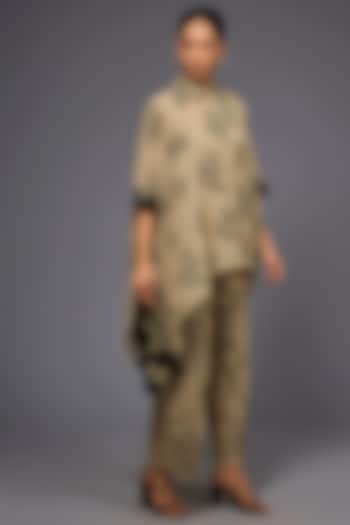 Natural & Black Handloom Cotton Thread Embroidered Shirt by Peachoo at Pernia's Pop Up Shop