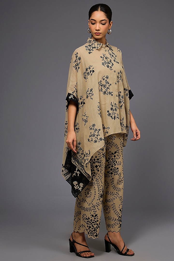 Natural & Black Handloom Cotton Thread Embroidered Shirt by Peachoo at Pernia's Pop Up Shop