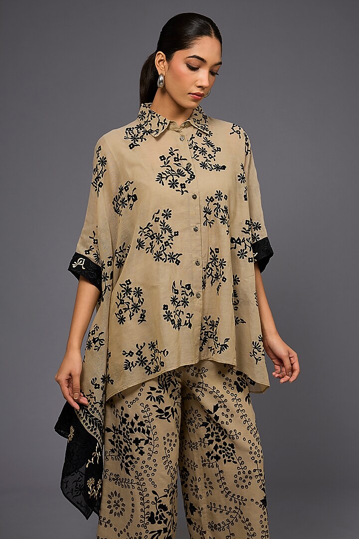 Natural & Black Handloom Cotton Thread Embroidered Shirt by Peachoo at Pernia's Pop Up Shop