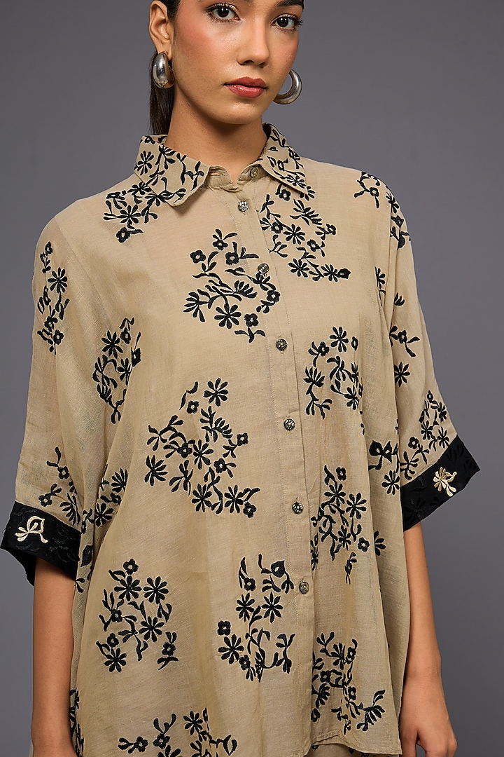 Natural & Black Handloom Cotton Thread Embroidered Shirt by Peachoo at Pernia's Pop Up Shop