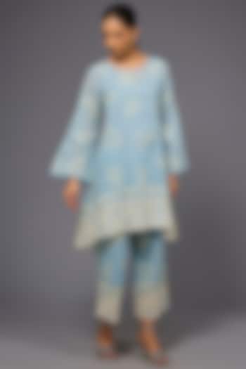 Ice Blue & Ecru Handloom Cotton Thread Embroidered Tunic by Peachoo at Pernia's Pop Up Shop