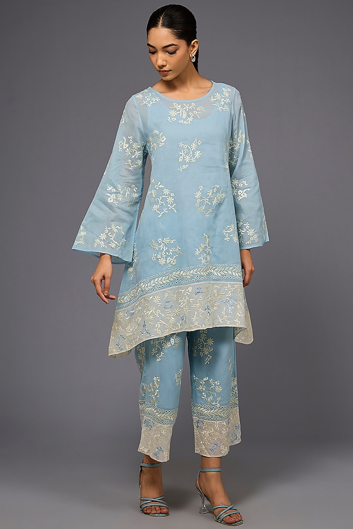 Ice Blue & Ecru Handloom Cotton Thread Embroidered Tunic by Peachoo at Pernia's Pop Up Shop