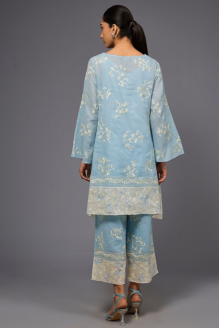Ice Blue & Ecru Handloom Cotton Thread Embroidered Tunic by Peachoo at Pernia's Pop Up Shop