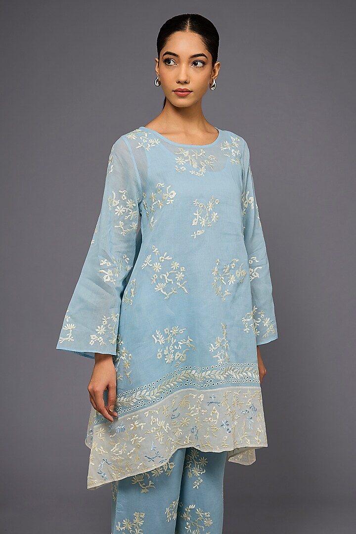 Ice Blue & Ecru Handloom Cotton Thread Embroidered Tunic by Peachoo at Pernia's Pop Up Shop