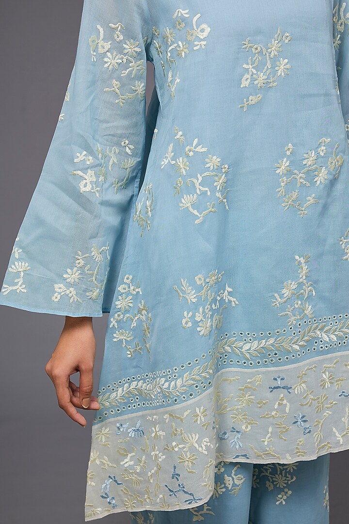Ice Blue & Ecru Handloom Cotton Thread Embroidered Tunic by Peachoo at Pernia's Pop Up Shop