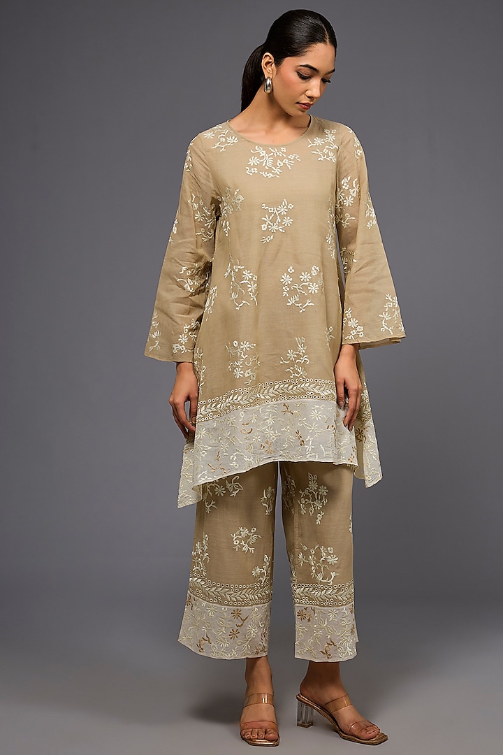 Natural Ecru Handloom Cotton Thread Embroidered Tunic by Peachoo at Pernia's Pop Up Shop